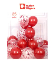 25 Adet Kırmızı, Şeffaf Konfetili Lateks Helyum Balon Seti