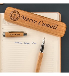 Kurumsal Firmalara Özel Logo İsim Yazılı Bambu Kutulu Kalem Seti