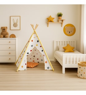 SafeMom Ahşap Bebek Çocuk Oyun Çadırı – Yumuşak Minderli, 110 cm (Tatlı Beyaz)