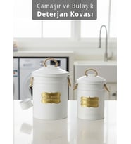 2'li Set Deterjan Kovası Çamaşır Bulaşık Kutusu Ölçekli Galvaniz Metal Beyaz