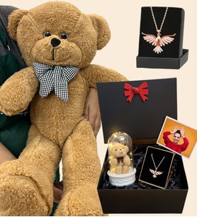Zümdürü Anka Kuşu Kolyeli Fotoğraflı Premium Hediye Seti - Büyük Kahve Peluş Ayıcıklı (Model 4)