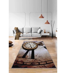 Bej Zaman Eski Saat 3D Kaymaz Tabanlı Dekoratif Halı RV360 - 100 x 160 cm