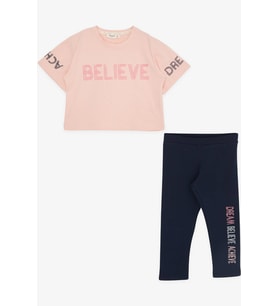 Breeze Kız Çocuk Kapri Taytlı Crop Takım Yazı Baskılı 8-12 Yaş, Somon
