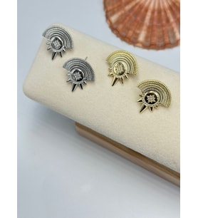 Çiçek Detaylı Geometrik Küpe (Çelik) Gold