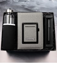 Kişiye Özel Telefon Cepli Gri Defter & Özel Kılıflı 500Ml Su Matarası & Siyah Mat Roller Kalem Hediye Seti