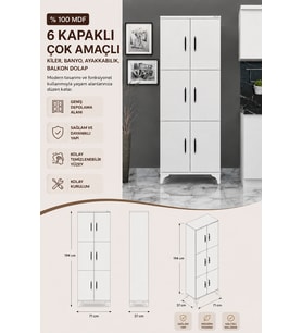 %100 MDF 6 Kapaklı Çok Amaçlı Kiler, Banyo, Ayakkabılık, Beyaz