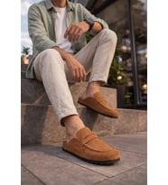 JY0456 Rayn Bağcıksız Hakiki Süet Deri Erkek Günlük Mantar Taban Loafer Klasik Ayakkabı HDMT - Taba