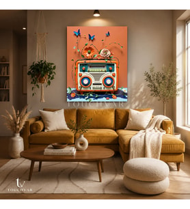 Dikey Kanvas Tablo Retro Radyo ve Çiçekler Bitki Tablosu Ev Ofis Duvar Dekoru