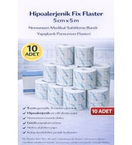 Hipoalerjenik Fix Flaster 5 cm x 5 m 10 Adet Nonwoven Medikal Sabitleme Bandı Yapışkanlı Pansuman Flasteri