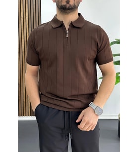 Erkek Slim Fit Fermuarlı Polo Yaka Tişört Kahverengi Edw452