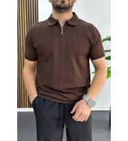 Erkek Slim Fit Fermuarlı Polo Yaka Tişört Kahverengi Edw452