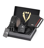 Polo Air Erkek Damat Çeyiz Kravatlı Kutuda 4'lü Dama Şık Set Kemer, Cüzdan, Kartlık, Parfüm P-DMT-0013 (Siyah)