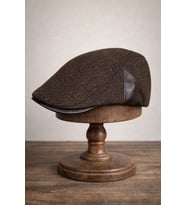 Deri Siperli Yün Karışımlı Erkek Flat Cap Kasket  Ayarlanabilir  Klasik Kış Şapkası (Kahverengi)