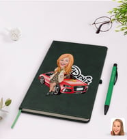 BK Gift Kişiye Özel Kadın Patron Karikatürlü Yeşil Termo Deri Defter Kalem Seti Model 2