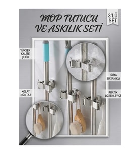 Çok Amaçlı Mop Askısı 3’lü Set Duvar Askısı
