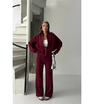 Neşeli butik kadın 3 iplik şardonlu oversize eşofman takımı NBG105 (Bordo)
