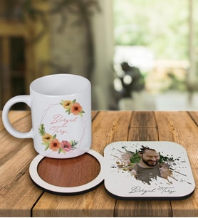 Kişiye Özel Tasarım Kupa Bardak Ve Fotoğraflı Ahşap Bardak Altlığı 99379 (Krem)