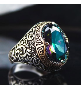 Karışık Renk Mistik Topaz Yanı İşlemeli Özel Seri Erkek Gümüş Yüzük