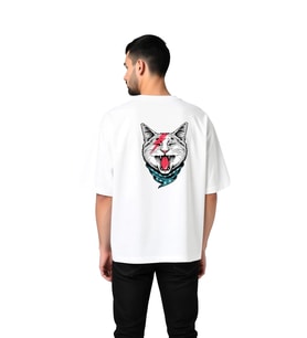 Erkek Oversize Tişört Kedi Bandana Şimşek Baskılı Rahat Kesim Günlük Giyim Modern Şık Konforlu Zarif