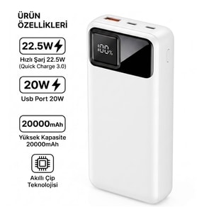 Taşınabilir Hızlı Şarj Powerbank 20000mAh 22.5W Akıllı Çip Dijital Ekran Telefon Şarj Bataryası