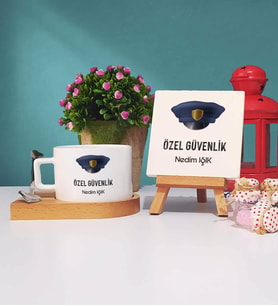 Özel Güvenlik Tasarımlı Kişiye Özel Güvenlik Ahşap Altlıklı Fincan ve Dekoratif Taş Baskı Hediye Seti
