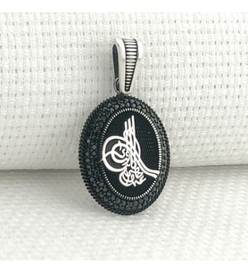 925 Ayar Gümüş Siyah Taşlı Osmanlı Tuğralı Kolye Ucu