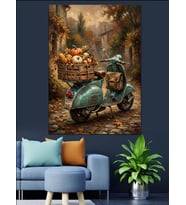 Sepeti Meyve Dolu Scooter Ve Retro Binalar Dekoratif Kanvas - Mdf Ahşap Tablo