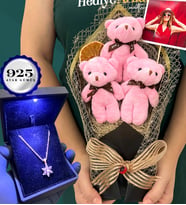 Işıklı Kutusunda 925 Ayar Gümüş Lotus Kolye ve Fotoğraflı Büyük Boy Peluş Ayıcık Buketi (Model 1)