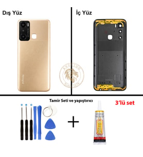 Infinix Hot 20İ Altın Uyumlu Lensli Arka Kapak + Yapıştırıcı ve Vida Seti Arka Cam Lazer Kesim