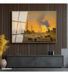 Altın Renk Metal Çerçeveli Tamperli Cam Tablo Ippolito Caffi Sultanahmet Meydanı Obelisk Minare Ressam Tablosu Dekoru