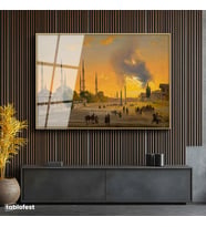 Altın Renk Metal Çerçeveli Tamperli Cam Tablo Ippolito Caffi Sultanahmet Meydanı Obelisk Minare Ressam Tablosu Dekoru
