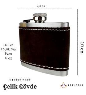 Perlotus 5 Oz 150 cc Koyu Kahverengi  El Yapımı Crazy Deri Kılıflı Çelik Viski C