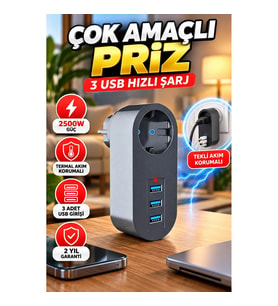 2500W Termal Akım Korumalı Çok Amaçlı Priz – 3 USB Hızlı Şarj Çıkışlı