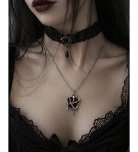 Gotik Kırmızı Kalp Damla Tasarım Unisex Kolye Gümüş Renk Zincir