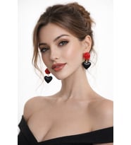 Midnight Rose Kırmızı Güll ve Siyah Kalp Sallantılı El Yapımı Küpe - Şık, Sevgililer Günü, Hediye (Kırmızı-Siyah)