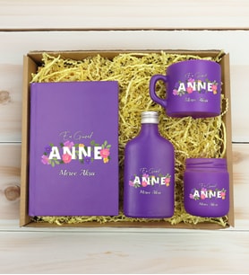 BK Gift Kişiye Özel İsimli DTF Anne Temalı Mor Defter & Kahve Fincanı & Kolonya & Mum Hediye Seti-3, Anneye Hediye, Anneler Günü Hediyesi