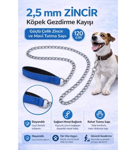 Zincir Köpek Gezdirme Kayışı Dalı Çelik &amp; Ergonomik Tutma Saplı 2,5 mm-120 cm Mi