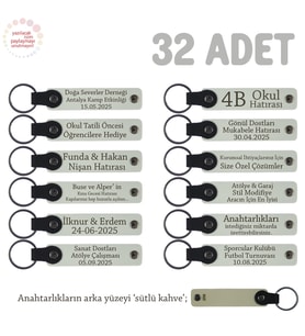 Düğün Töreni Konuklarına, 32'li Set, İsimli Anlamlı Hatıra Deri Anahtarlık Hediyesi, Beyaz & S Kahve