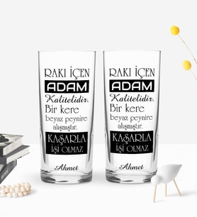 BK Gift Kişiye Özel Renkli Baskılı Rakı İçen Adam Tasarımlı İkili Rakı Bardağı Seti-2 (Beyaz)