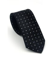 Beyaz Füme Desenli Siyah Dokuma Kumaş Mendilli Slim Fit Kravat // SDK-2612-1
