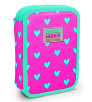 Coral High Organizer İki Katlı Kalem Çantası - Yeşil Pembe Kalp Desenli, Kız Çocuk, Yeşil Pembe Kalp Desenli (Çok Renkli)