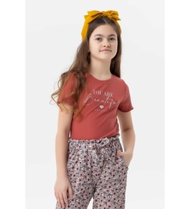 Breeze Kız Çocuk Crop Tişört Yazı Baskılı 8-14 Yaş, Kiremit