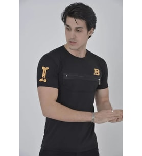 Unisex Göğüs Fermuarlı Baskılı T-Shirt - Siyah