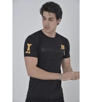 Unisex Göğüs Fermuarlı Baskılı T-Shirt - Siyah