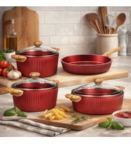Febern Premium Bio Granit Alüminyum Döküm Nisch Tencere Seti (Metalik Kırmızı-Açık Ahşap Kulp)