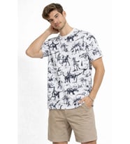 Erkek Beyaz Dinozor Desenli Tişört – Regular Fit, Bisiklet Yaka, Dijital Baskılı Pamuklu T-Shirt - Beyaz