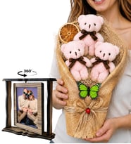 Kişiye Özel 2 Fotoğraflı Dönen Ahşap Çerçeve ve Pembe Peluş Ayıcık Buketi Hediye Seti