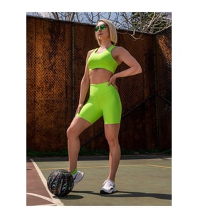 Neon Yeşil Midi Ekstra Yüksek Bel Spor Şort Tayt