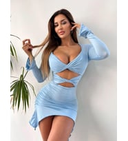 Flare Kollu  Bodycon Bebek Mavisi Mini Elbise