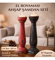 El Boyaması Ahşap Şamdan Mumluk 2’li Set 29 cm – Vintage Rustik Dekoratif Mumluk (Beyaz - Kırmızı - Siyah)